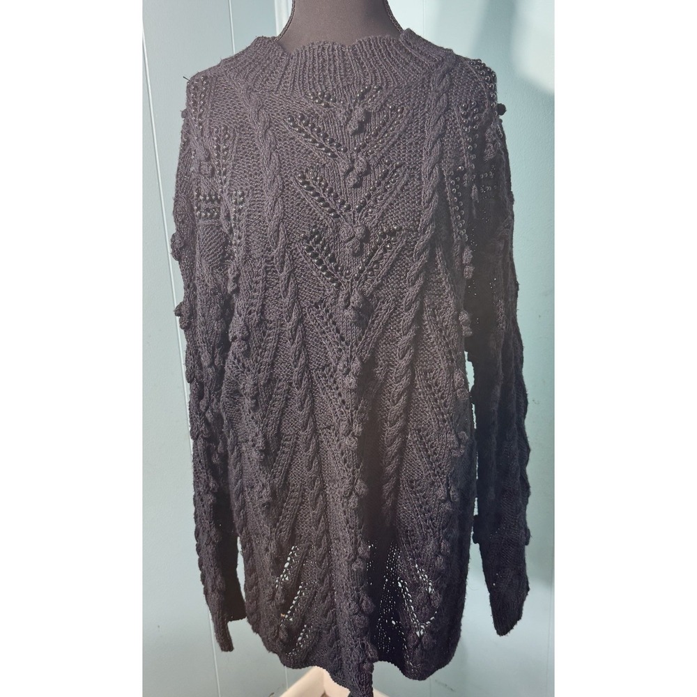 Vintage Magnolia Beaded Pompom Cable Knit Sweater XL